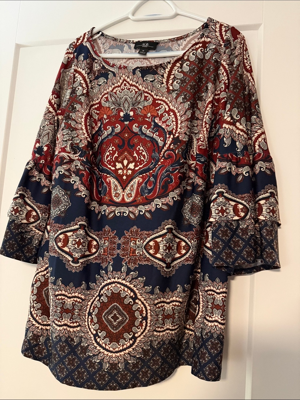 Boho Paisley Bell-Sleeve Tunic Top in Navy and Rust